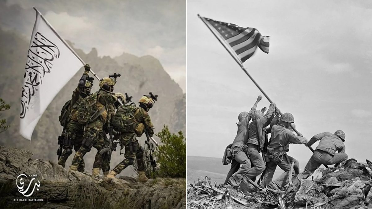 Taliban wearing US gear mock iconic American WWII photo